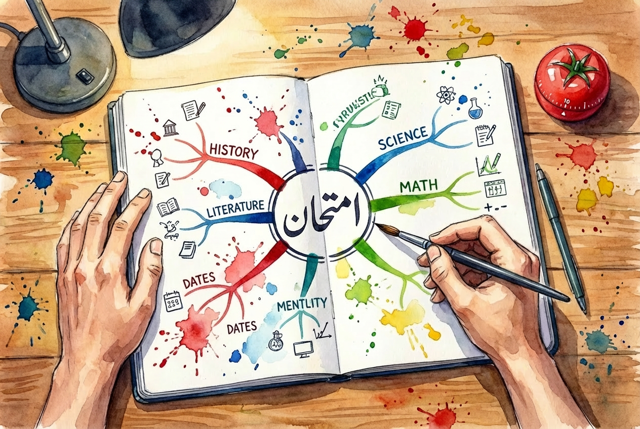 نمونه نقشه ذهنی رنگی رسم شده توسط دانش&zwnj;آموز برای خلاصه نویسی