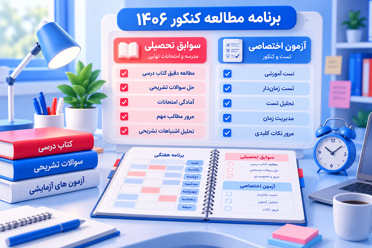 برنامه&zwnj;ریزی مطالعه کنکور 1406 با تقسیم زمان بین سوابق تحصیلی امتحانات تشریحی و تست&zwnj;زنی آزمون اختصاصی